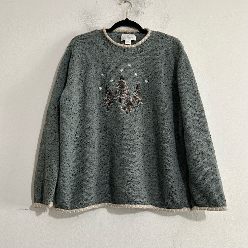 Vintage Hand Embroidered Pine Christmas Tree Knit Sweater Grandma Cottage Whimsy